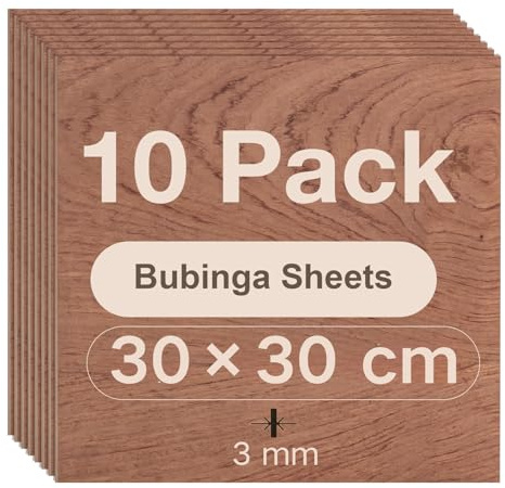 ROBOTIME Tablero Madera Contrachapada 3mm Bubinga 30×30cm 10 Piezas Tablero de Madera a Medida Para Bricolaje,Pirograbado Corte por Laser CNC Router Modelado