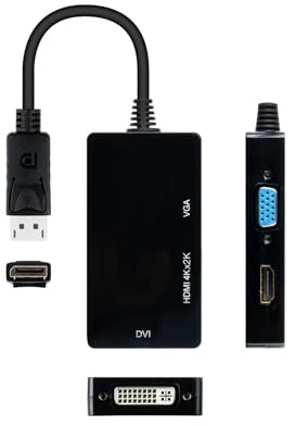 3-i-1 DisplayPort till VGA, DVI och HDMI 3-i-1 konverterare, svart kabellängd, 15 cm kabellängd, perfekt för olika bildskärmsanslutningar, kompakt och mångsidig adapter.