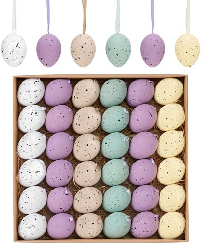 Valery Madelyn Ostereier zum Aufhängen für Osterdeko,4cm Naturfarbene künstliche Mini Ostereier für Ostern Deko (36, Violett Gelbe)