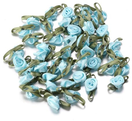 BrightGlow 100 mini rose in raso, per fai da te, fiocchi, rose finte, rose artificiali, fai da te, per matrimoni, decorazioni fai da te, colore azzurro