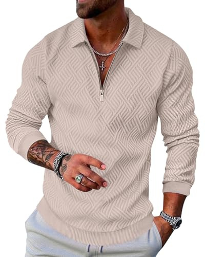 LAOARA Pullover Herren Half Zip Sweatshirt Langarm Poloshirts Winter Ohne Kapuze Stehkragen Reißverschluss Khaki XL