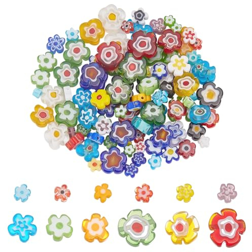 CRAFTYMELODY 120 unidades de 4 estilos n cuentas de vidrio Millefiori hechas a mano pequeñas coloridas flores planas sueltas perlas diferentes espaciadoras para hacer joyas