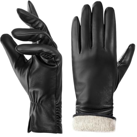 BISON DENIM Winter Leather Gloves Women, Wool Cashmere Lining, Touchscreen Compatible, Windproof Lined Thick Gloves for Driving