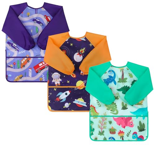 XLSXEXCL 3 Pack Kids Art Smocks Kids Painting Apron Waterproof Artist Smock Painting Aprons for Children Age 3-8 Years with Long Sleeve and 3 Pockets, Green