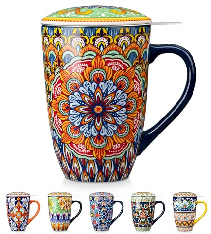 vancasso Ceramic Tea Mug with Infuser and Lid, 18 Ounce Bohemian Loose Leaf Cup, Microwave & Dishwasher Safe, Perfect for Tea, Coffee, Burnt-Cobalt Mandala