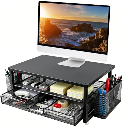 Support de moniteur, bureau surélevé avec tiroir et porte-stylo, organisateur de bureau ergonomique à 2 niveaux, support de bureau stable pour ordinateur portable, PC, imprimante, scanner (noir)