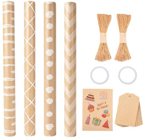 4 Rollos Papel de Regalo Cumpleaños, Papel Kraft para Envolver con Etiquetas, Cuerda de Yute y Cinta Doble Cara para Fiestas Infantiles, Comunión, Bautizo, 43 x 300 cm