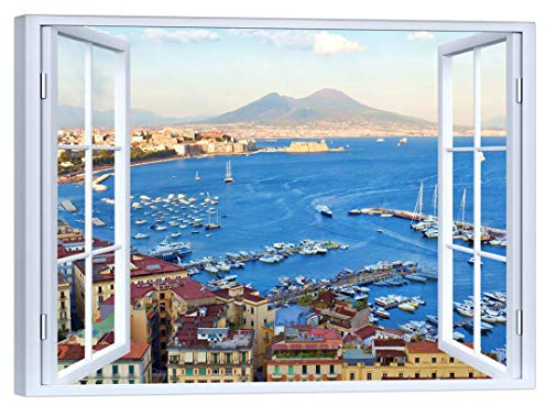 LuxHomeDecor Quadro Finestra sul Golfo di Napoli Vesuvio 80x60 CM Stampa su Tela con Telaio in Legno Arredamento Arte Arredo Moderna
