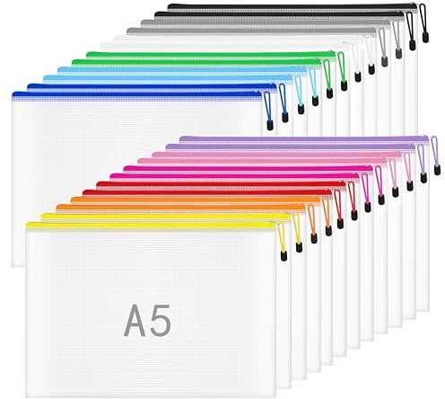 Plastic Wallets A5-24 Pcs Plastic Folders Document Wallets A5 Ziplock Bags Pockets with Zipper Bag for School, Office, Home