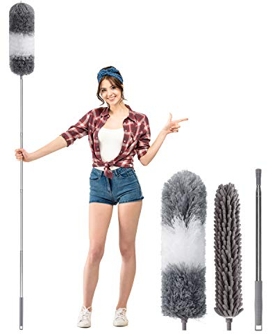 Plumero de Limpieza Microfibra, Extensible Ranuras Cepillo de Limpieza con 255cm Barra Telescópica, Ajustable Lavable Dusters para Ventanas Persianas Muebles Coches