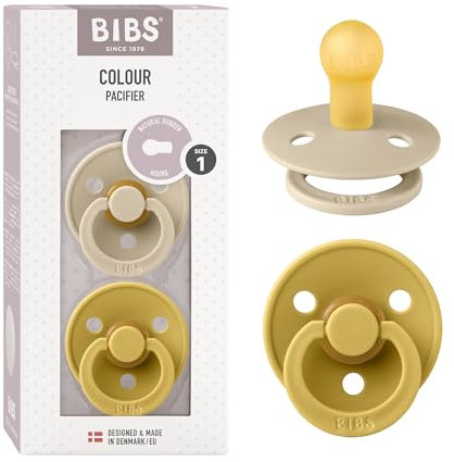BIBS Colour Soother 2-Pack, BPA Free Dummy Pacifier, Round Nipple. Natural Rubber Latex, Size 1 (0-6 Months), Vanilla/Mustard