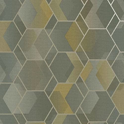 Holden Decor Asik Geo Grey Yellow Wallpaper 13002 - Metallic Geometric Hexagon
