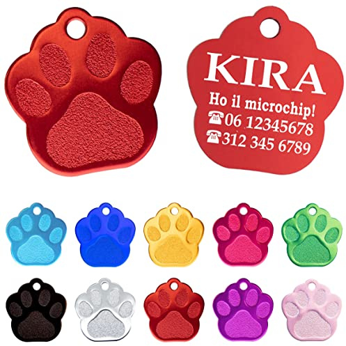 Ibera gifts - Medaglietta Cane Personalizzata a Forma di Zampa in Alluminio Lucido, Targhetta Cane con Incisione, Fino a 4 Righe di Testo, Perfetta per Animali di Piccola e Media Taglia (Rosso)