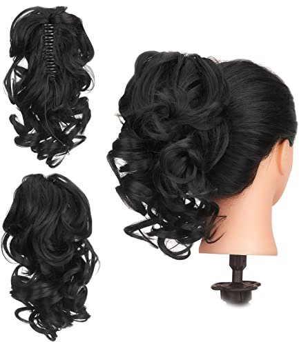 Gairyan 30cm Pferdeschwanz Haarteil Zopf Extensions Lang Lockige Claw Clip in Ponytail Extensions Synthetik Haare Extensions Gewellt Haarteil Haarverlängerung für Frauen (Schwarz)