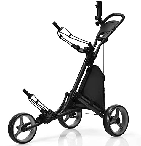 COSTWAY 3 Wheels Golf Push Cart, Quick Fold Golf Walking Push Cart, Golfbag Hållare med Tin Folie Belagd förvaringsväska, Elastiskt bälte, Justerbart Paraply & Cup Hållare, Resultattavla Förvaringsfack & Fotbroms, Golfvagn För Golfklubbor