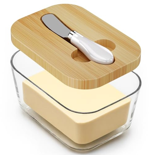 Road To Purification XCC Large Glass Butter Dish With Lid, Upgraded Capacity To Hold 1lb Of Butter, Butter Keeper With Knife For Countertop And Silicone Seal, Acacia Wood Lid New, Transparent