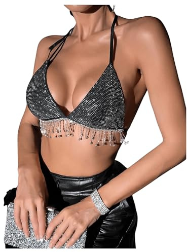 SHENHE Women's Sexy Sequin Halter Backless Rhinestone Fringe Glitter Party Club Crop Top Black Small