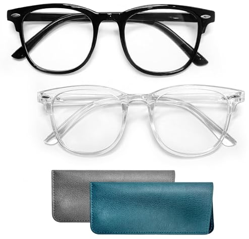 Yvmew 2 Pezzi Occhiali Anti Luce Blu, Anti-affaticamento Occhiali lenti trasparenti Occhiali Riposanti Anti Luce Blu Lenti Antiriflesso con 2 Borse per Occhiali in Pelle per lettura PC TV e Gaming
