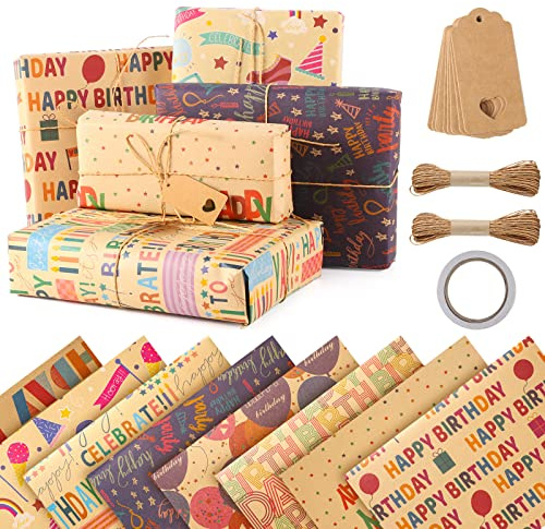woric Birthday Wrapping Paper, 8 Sheets Kraft Gift Wrapping Paper plus 8 Tags 2 Jute String 1 Double Sided Tape Birthday Gift Wrap Set for Men Women Girls Boys