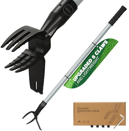 MIAOKE 6-Claw & Light Weeding Tool, 44.5” Weed Puller Tool with Foot Platform Design, Manual Stand Up Weed Puller for Lawns, Patios, Gardens Crabgrass, Dandelion Picker Without Bending or Kneeling-B