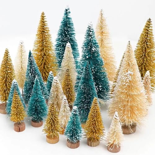 Mini alberi di Natale artificiali per albero di Natale con base in legno, per decorazioni natalizie, feste di Natale, decorazioni per la casa, da tavolo, 24 pezzi, verde e oro