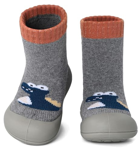 MK MATT KEELY Baby Boy Shoes Toddlers Dinosaur Sock Shoes Baby Barefoot Shoes with Anti Slip Rubber Sole,Grey,2-3 Years
