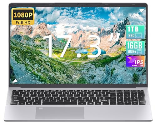 17,3 Zoll Laptop Computer, 16GB RAM, 1TB NVMe SSD, Quad-Core Celeron N5095 CPU(bis 2,9 GHz), FHD IPS Display, Fingerprint Sensor, beleuchtete Tastatur, HDMI, WiFi, BT, 3x USB 3.0, Silber Notebook