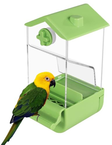 Mangiatoia per Uccelli Automatica, Distributore Cibo per Pappagalli Trasparente Senza Sporcare con Trespolo, Alimentatore per Piccoli e Media Parrocchetti, Canarini, Calopsitte, Inseparabili