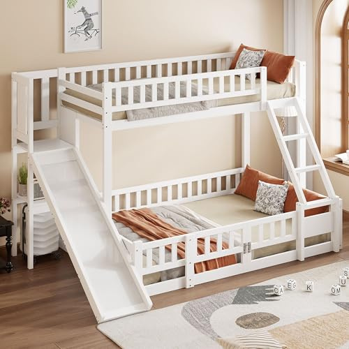 Lubvtti Litera Infantil 90/140 x 200 cm con tobogán,Cama Infantil con estantes y guías de Seguridad,Estructura Cama para niños 90/140x200 con somier de láminas,sin colchón,Blanco