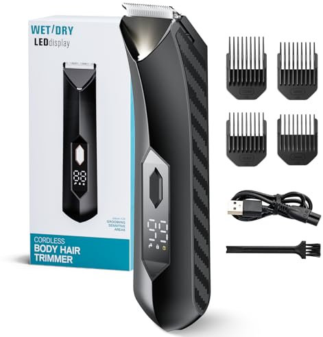 Tondeuse corps Homme, Rasoir Électrique Rechargeable pour Poitrine, Dos et Jambes, Étanche pour Rasage à Sec ou Humide, 4 Peignes de Limite, Ciseaux à Lames en Céramique avec Verrouillage de Voyage
