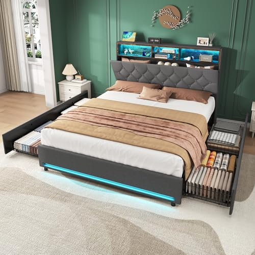 4ft6 Double Bed Frame Upholstered Platform Bed with 4 Storage Drawers & LED Shelves & Concealed Storage Headboard, Linen Grey Functional Beds with LED Lighting & Charging Station, Metal-Wood Support