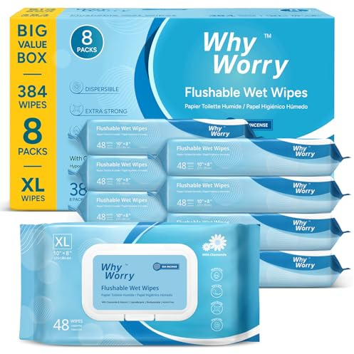 WhyWorry XL Papel Higiénico Húmedo Desechable con Manzanilla y Vitamina E por WC, Extra Grandes 20x25 cm Toallitas Húmedas para Limpieza Íntima, Biodegradable y Sin Plástico, Mar, 384 Unidades