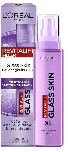 L'Oréal Paris Revitalift Filler Glass Skin Crema Líquida, Ácido Hialurónico y Vitamina Cg, Efecto Glass Skin, Hidratación hasta 100H, Suaviza líneas y Rellena, Inspirado cosmética coreana, 70ml XL