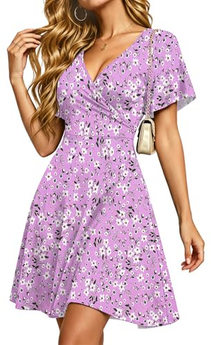 PLMOKEN Summer Dresses Women UK Deep V Neck Beach Wrap Dresses Ruffle Sleeve Empire Waist Ladies Dress for Party Purple Floral M