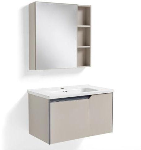 FUTURE HOME Mobile bagno sospeso 80 cm Camelia in alluminio con lavabo in ceramica e specchio contenitore – Design moderno, resistente all’umidità