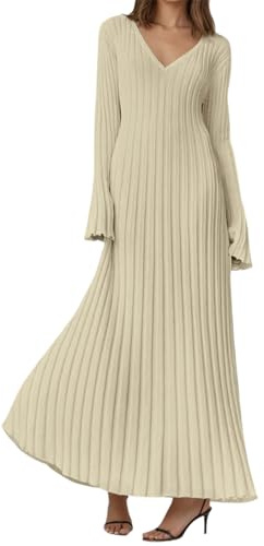 Robe en tricot pour femme - Longue - Élégante - Courbée - Ligne A - Robe pull chaude - Col en V - Robe côtelée à manches longues - Robe d'automne - Couleur unie - Décontractée - Robe maxi en tricot