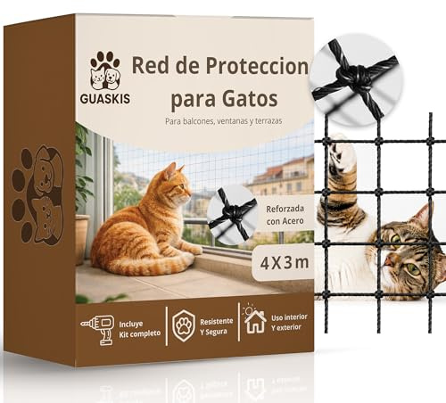 GUASKIS Para Gatos Terraza Reforzada Con Acero, Malla Metálica De Seguridad Anticaídas Balcón, Ventanas Y Exterior Kit Completo Instalación 25 Bridas, Tacos Ganchos Resistentes, Red, 4x3m