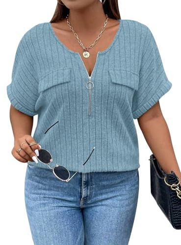 Gemulate Plus Size Fashion Short Sleeve Tops for Women Uk V Neck Zipper T Shirt Tunic Blouse Ladies Plus Size Tops Womens Casual Spring Clothes for Women Light Blue X-Large