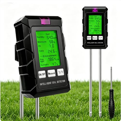 MplehDa - Probador de suelo 6 en 1, medidor de pH (pH/temperatura/humedad/luz), tecnología de doble sonda, dispositivo de medición para tierra, jardín, granja, césped, huerto