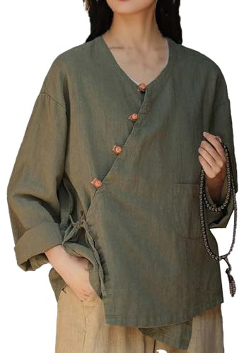 Oriental Tops for Women Vintage Ethnic Long Sleeve Tie Waist Shirt with Pocket Petite Ladies Collarless Blouses Summer Button up Wrap Top V-Neck Shirts Traditional Chinese Clothing