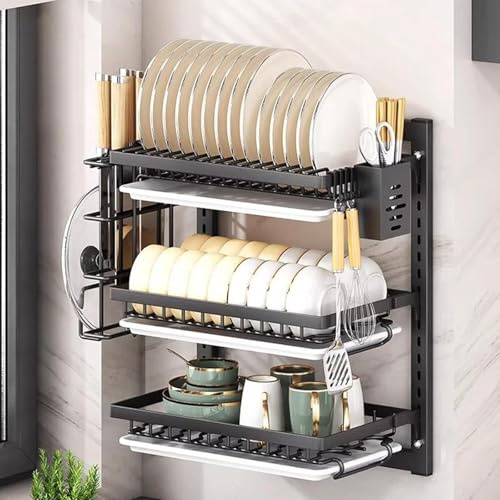 Genérico Estante De Secado Colgante De 3 Niveles, Montaje En Pared Ajustable con Bandeja De Goteo, Ganchos Y Soporte para Cubiertos, Sin Perforación(Size:3 Tier 42cm,Color:Negro)