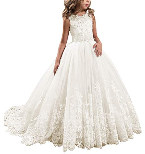 Princess Lilac Long Girls Pageant Dresses Kids Prom Puffy Tulle Ball Gown (Ivory, 6)