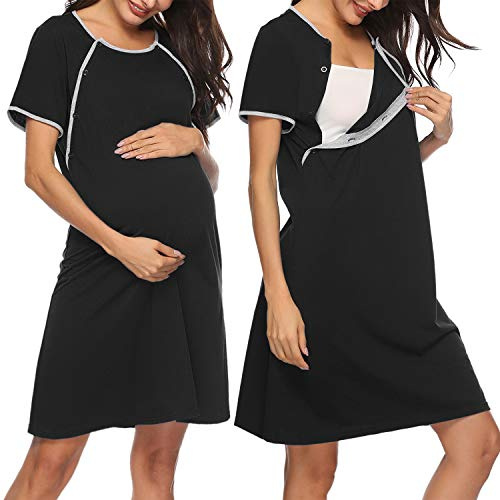 Sykooria Women's Maternity Nightdress Breastfeeding Nightwear Short Sleeve Nursing Nightgown Button Down Sleep Shirt V Neck Pajama Tops Soft Loungwear For Pregnant Women(Black,L)