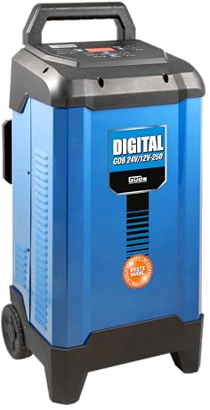 Güde Batterielader Digital GDB 24V/12V-250 (Inverter KFZ-Ladegerät, für 12V/24V Batterien, 20-550 Ah, LED-Anzeige, Starthilfefunktion, Rettungsfunktion, Erhaltungsladegerät, vollautomatisch, 2 Rollen)