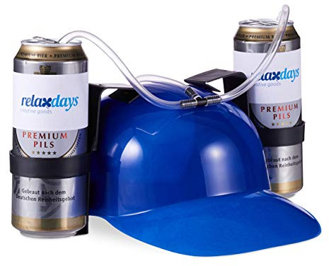 Relaxdays 1 x Party Trinkhelm, Helm mit Schlauch, für 2 Dosen Bier, Spaßartikel Fasching u. Fußball, lustiger Bierhelm, blau