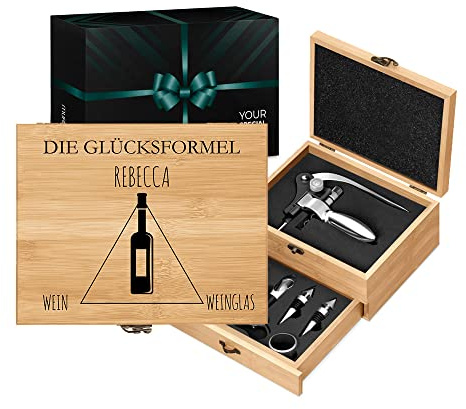 Maverton Weinöffner-Set personalisiert Weinset Sommelier Set - Geschenkbox Holzbox + 8er Weinzubehörset - aus Bambus - Braun - Geschenk zum Geburtstag für Frauen - Glücksformel