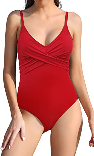SHEKINI Femmes Rétro Maillot De Bain Une Pièce Elégant Ajustable Bikini Une Pièce Mode Slim Abdominal Contrôle Bikini de Plage(M,Rouge Z)