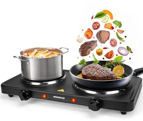 Aigostar 2500W Electric Double Hot Plate with Cast Iron Heating, Dual Plates Hob for Table Top Cooking, Independent Adjustable Temperature Control, Portable Design for Camping Travelling - Gemini