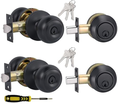 2 Sets All Keyed Alike Entry Door Knobs and Single Cylinder Deadbolt Lock Combo Set, Security for Entrance and Front Door with Classic Flat Ball Matte Black Finish by Lanwandeng
