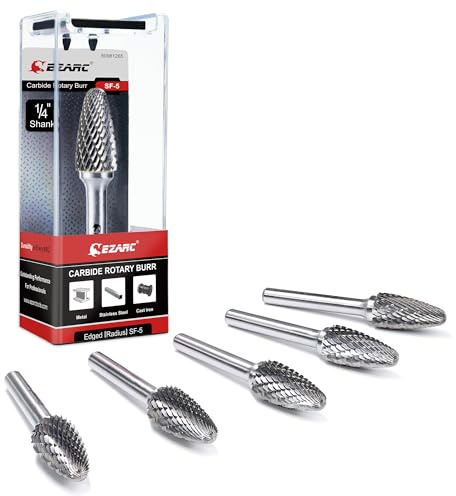 EZARC 5PCS Tungsten Carbide Rotary Burr Set, SF-5 Double Cut Carbide Burr 1/4 Shank Die Grinder Bits for Metal Working & Sturdy Storage Case